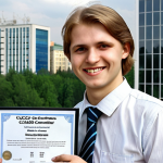 **A young IT specialist smiling confidently, holding a Cisco CCNA certificate, with a modern office building in Moscow in the background.** (This image emphasizes career advancement through certification in a recognizable Russian setting.)