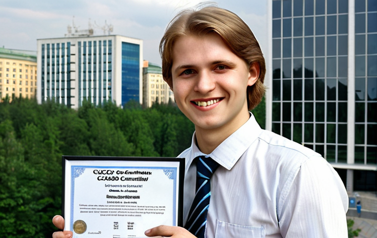 **A young IT specialist smiling confidently, holding a Cisco CCNA certificate, with a modern office building in Moscow in the background.** (This image emphasizes career advancement through certification in a recognizable Russian setting.)
