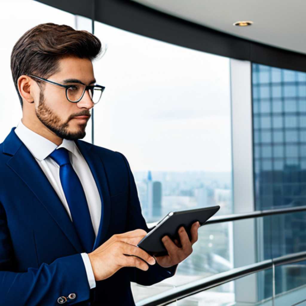 A confident male IT professional in a crisp, dark blue business suit, standing in a brightly lit, modern corporate lobby with large glass windows overlooking a city skyline. He holds a subtle, stylized digital key or a tablet displaying a certification badge, symbolizing unlocking career opportunities. The setting is clean and futuristic, representing growth and innovation. The man's posture is upright and assertive, conveying success and expertise. Fully clothed, modest clothing, appropriate attire, professional dress, safe for work, appropriate content, perfect anatomy, correct proportions, natural pose, well-formed hands, proper finger count, natural body proportions, professional photography, high quality.