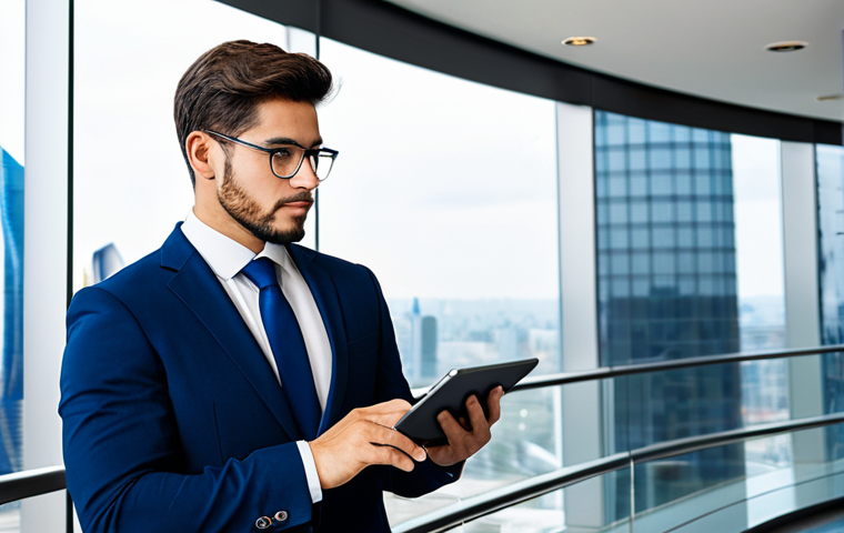 A confident male IT professional in a crisp, dark blue business suit, standing in a brightly lit, modern corporate lobby with large glass windows overlooking a city skyline. He holds a subtle, stylized digital key or a tablet displaying a certification badge, symbolizing unlocking career opportunities. The setting is clean and futuristic, representing growth and innovation. The man's posture is upright and assertive, conveying success and expertise. Fully clothed, modest clothing, appropriate attire, professional dress, safe for work, appropriate content, perfect anatomy, correct proportions, natural pose, well-formed hands, proper finger count, natural body proportions, professional photography, high quality.