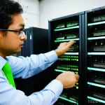 정보기기운용 실무에서 경험한 네트워크 장비 문제 해결 사례 - **Prompt:** "A male network engineer in his late 30s, dressed in a practical work shirt and trousers...